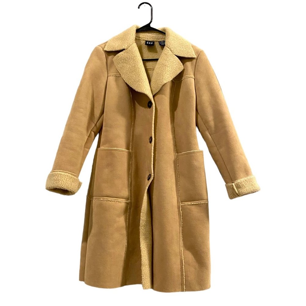 Vintage 90s Gap Faux Suede Coat Button Down w/ Shearling Tan Jacket S
